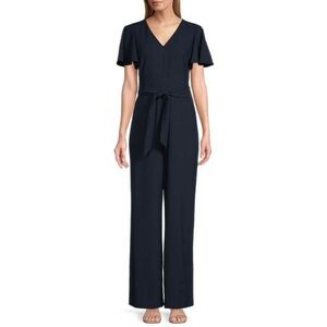 Preston & York Kayla vneck short flutter sleeve tie belt jumpsuit NWT sz 10 navy